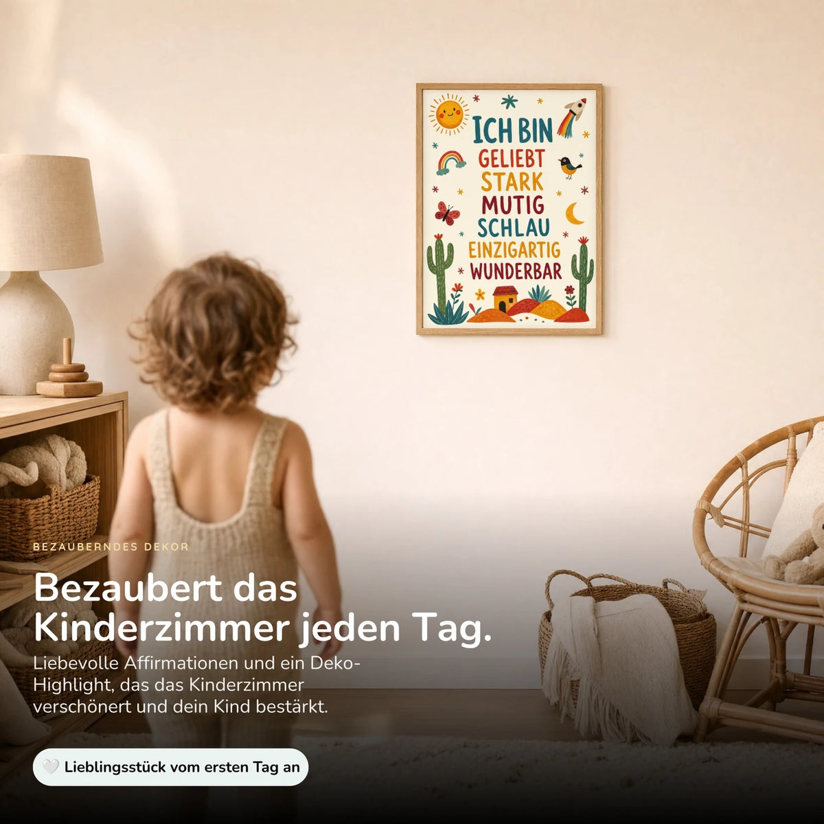 Kind vor dem Affirmationsposter „Wüste Ich bin geliebt“ an der Wand – Bilder fürs Kinderzimmer