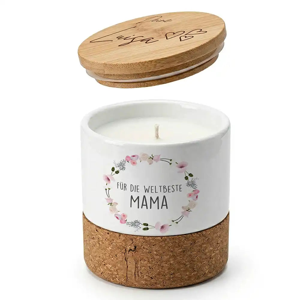 Duftkerze Vanille Keramik Mama Blumenkranz – Boho-Stil mit Bambusdeckel