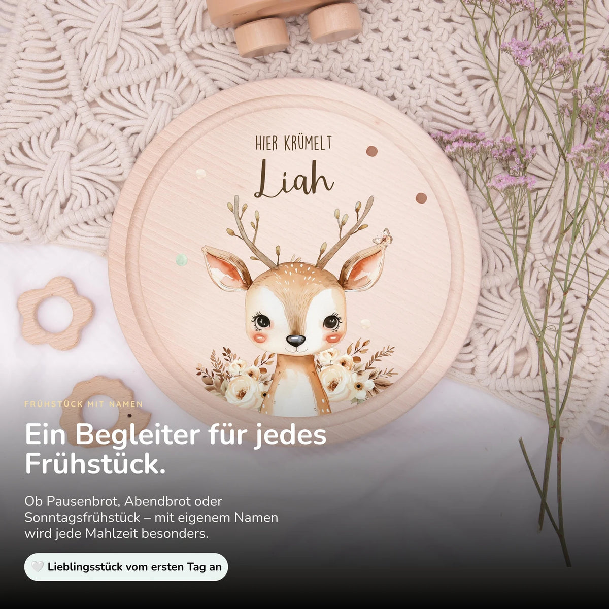 Rundes personalisiertes Frühstücksbrettchen Baby Reh mit Namen für Kinder