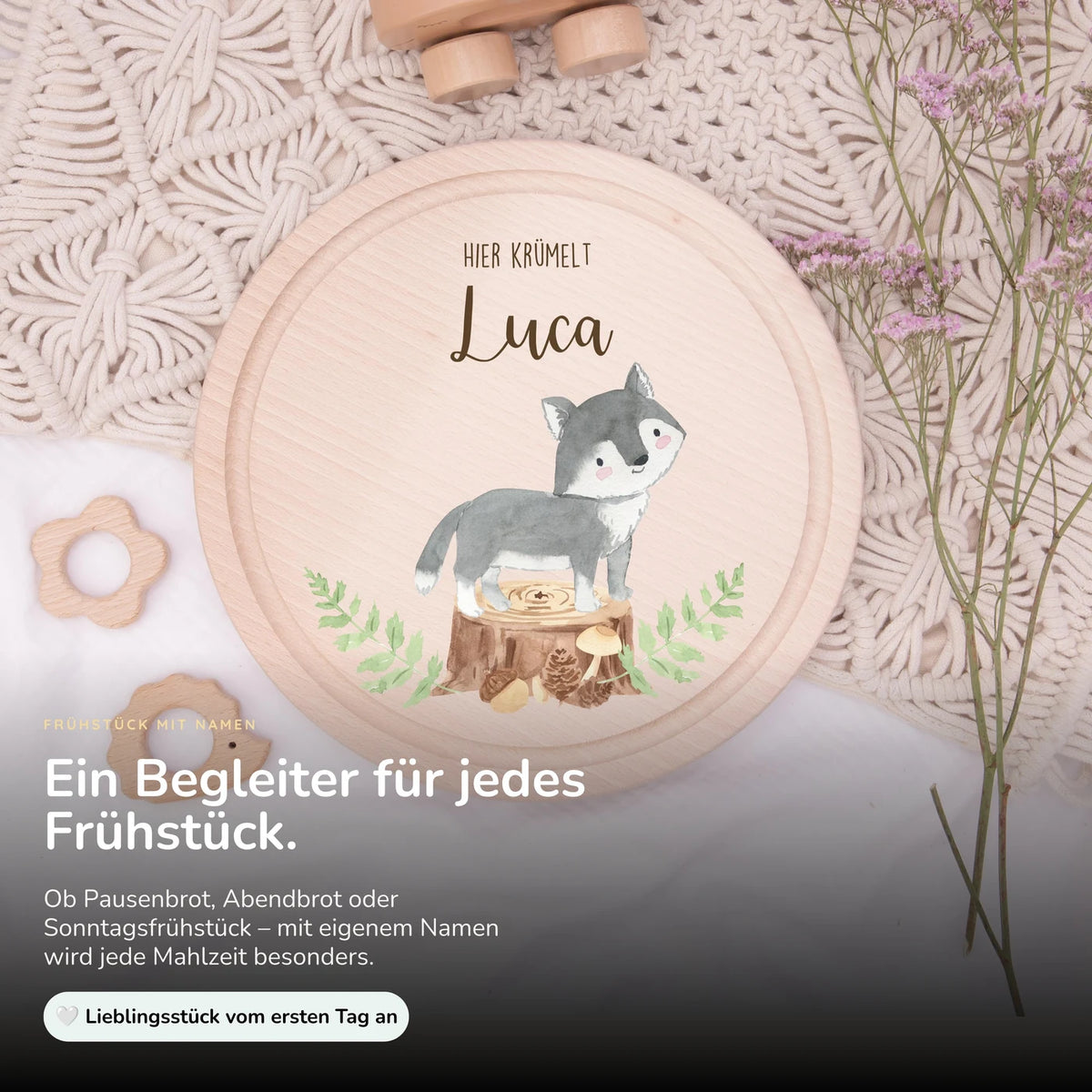 Rundes personalisiertes Frühstücksbrettchen Dachs mit Namen für Kinder