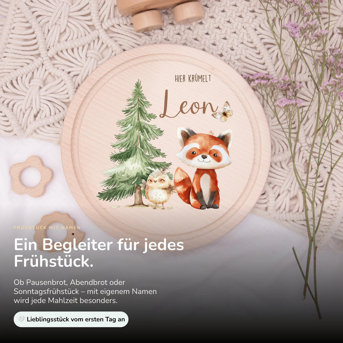 Rundes personalisiertes Frühstücksbrettchen Fuchs mit Namen für Kinder