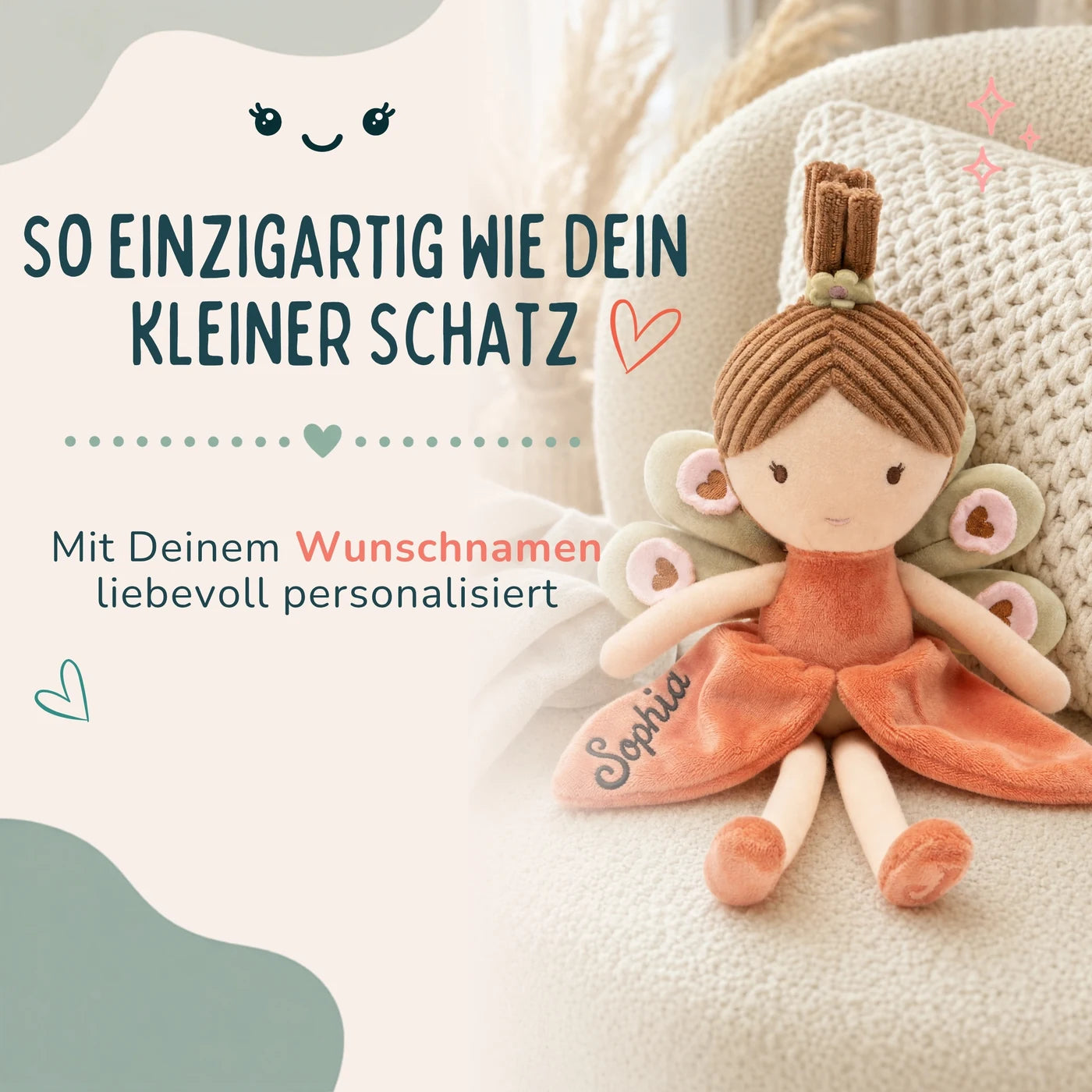 Jollein Stoffpuppe Fee Koralle, mit besticktem Wunschnamen als Geschenk zur Geburt