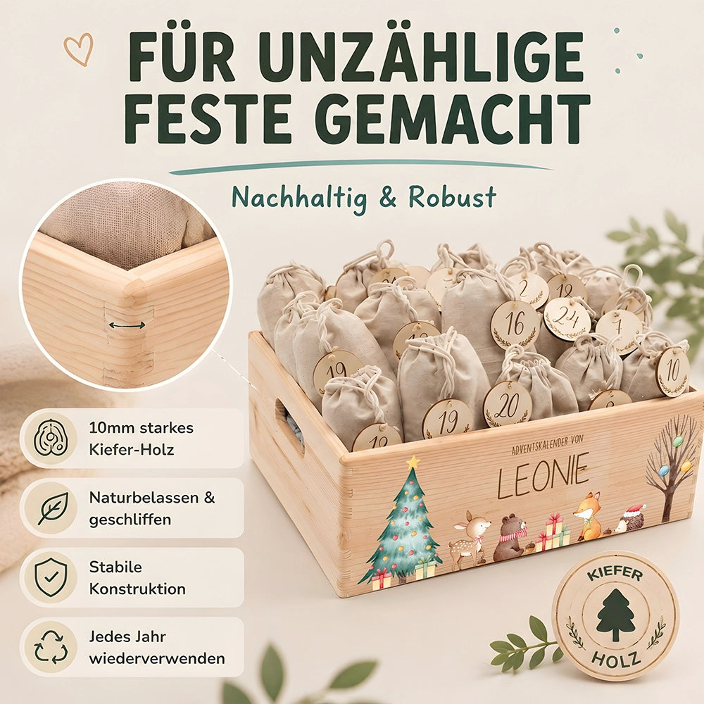 Adventskalender zum Befüllen "Waldtiere um den Weihnachtsbaum" personalisiert