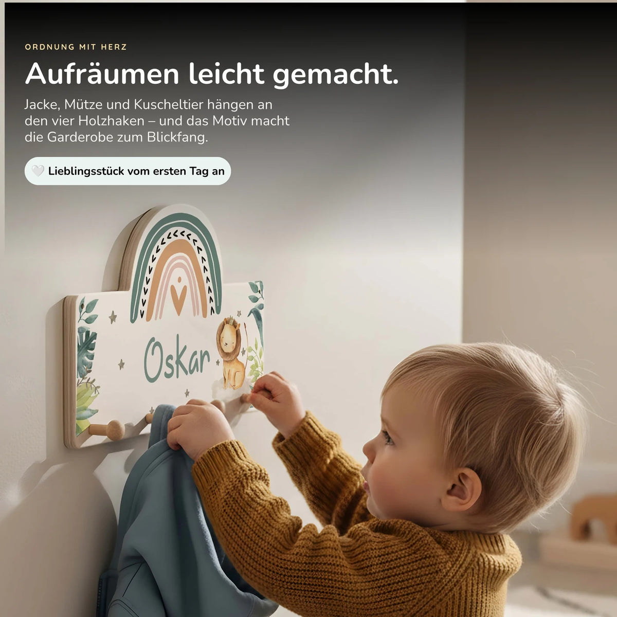 Kindergarderobe Holz personalisiert - Löwe