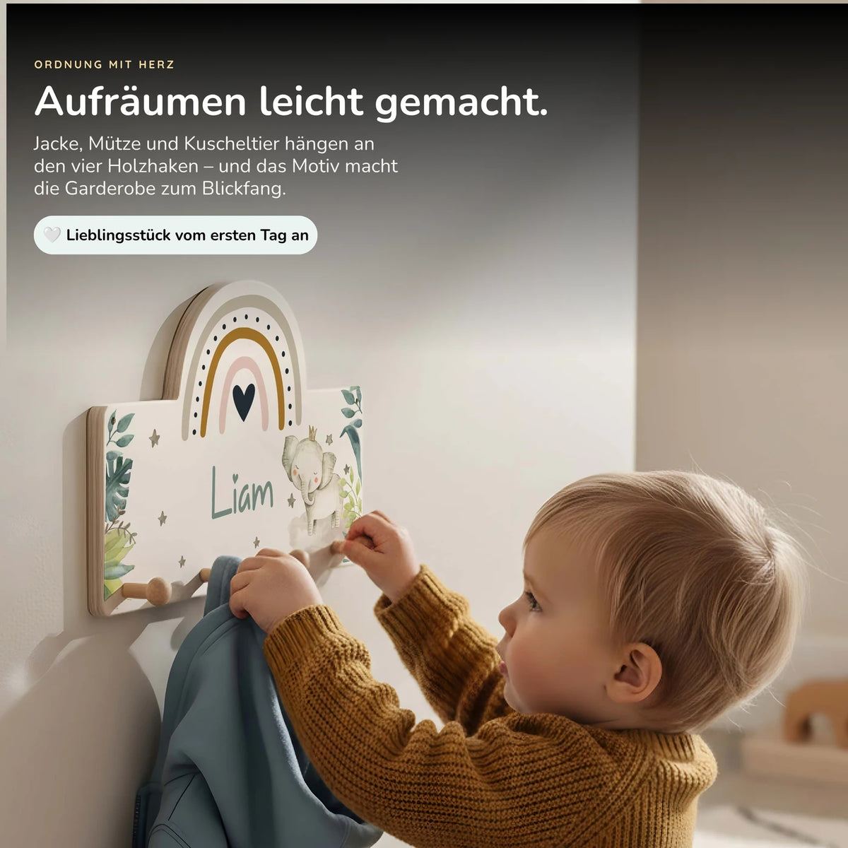 Kindergarderobe Holz personalisiert - Elefant