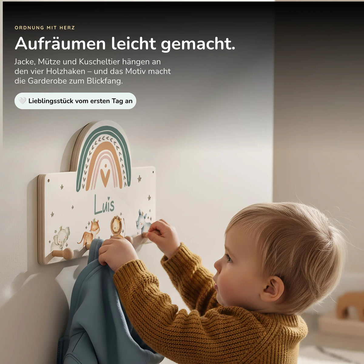 Kindergarderobe Holz personalisiert - Tier Familie