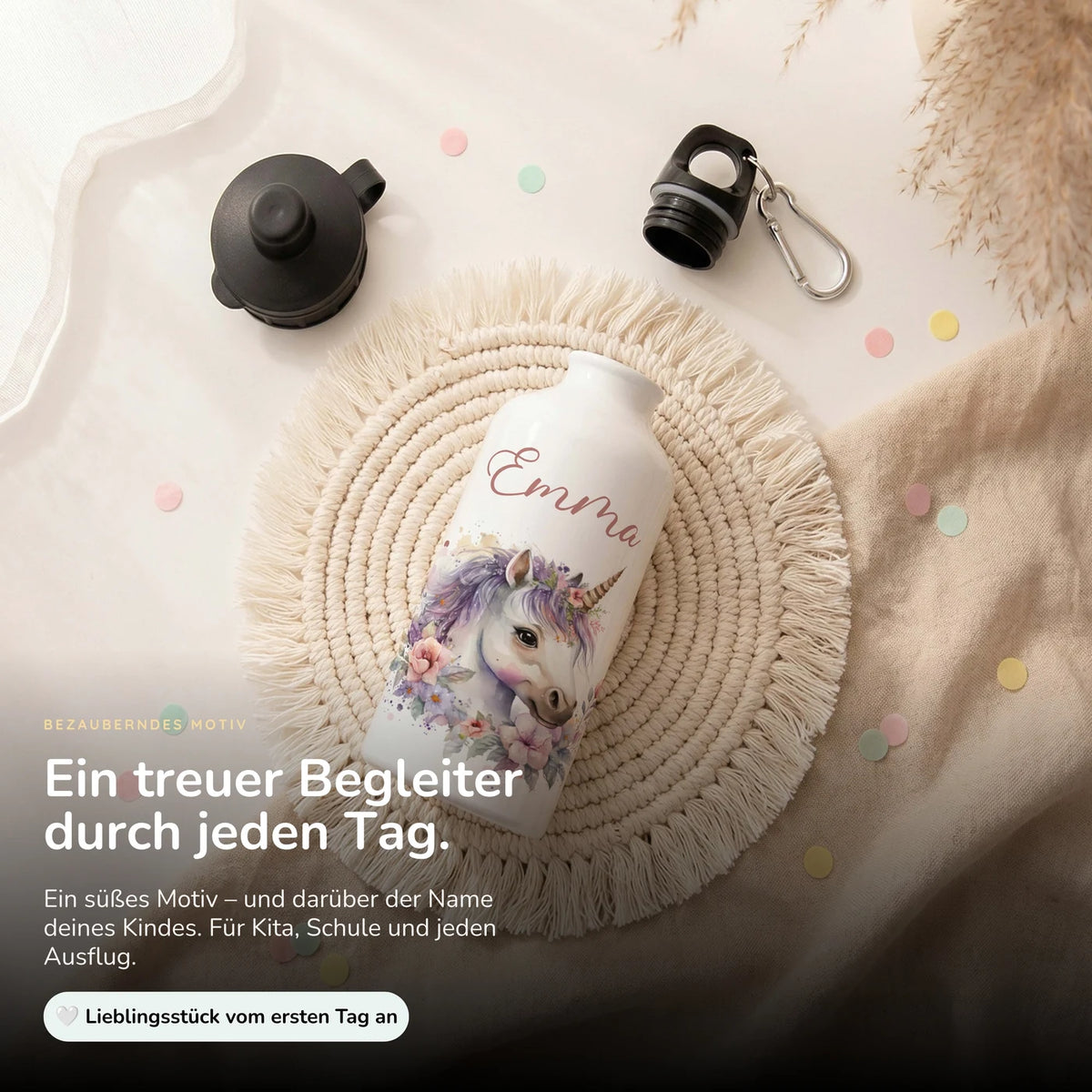 Personalisierte Trinkflasche Kinder – Einhorn Blumenkranz