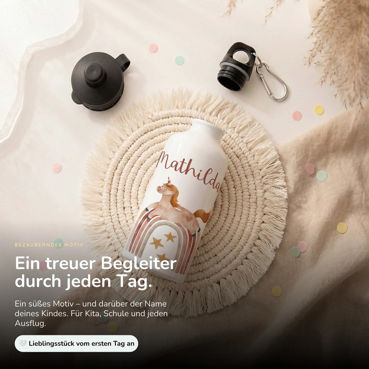 Personalisierte Trinkflasche Kinder – Einhorn Boho-Regenbogen