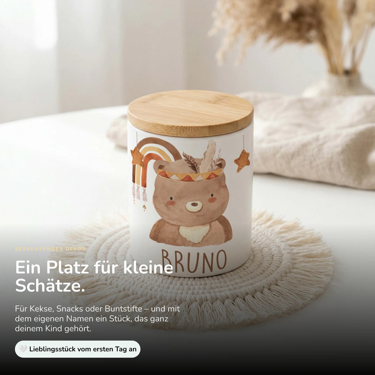 Personalisierte Keksdose Boho-Bär – Keramik & Bambus mit Wunschname