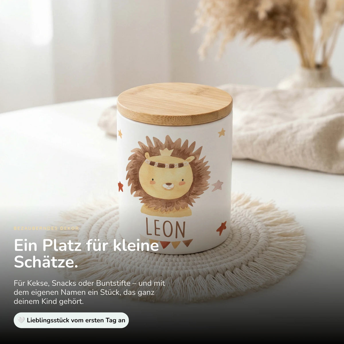 Personalisierte Keksdose Löwe Boho – Keramik & Bambus mit Wunschname