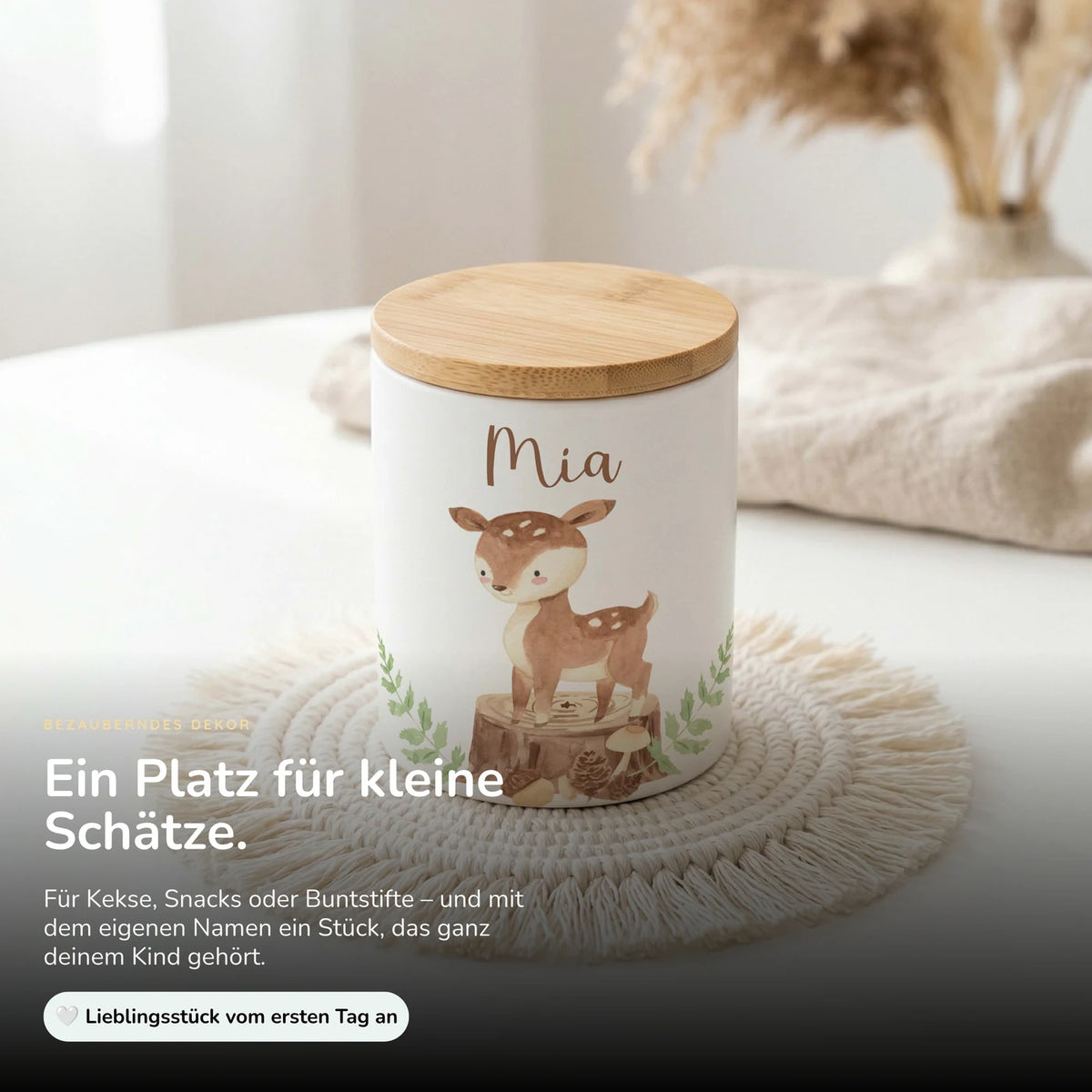 Personalisierte Keksdose Rehkitz Wald – Keramik & Bambus mit Wunschname