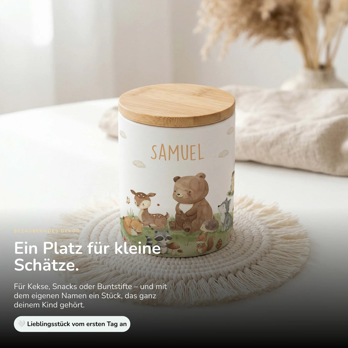 Personalisierte Keksdose Waldfreunde VI – Keramik & Bambus mit Wunschname