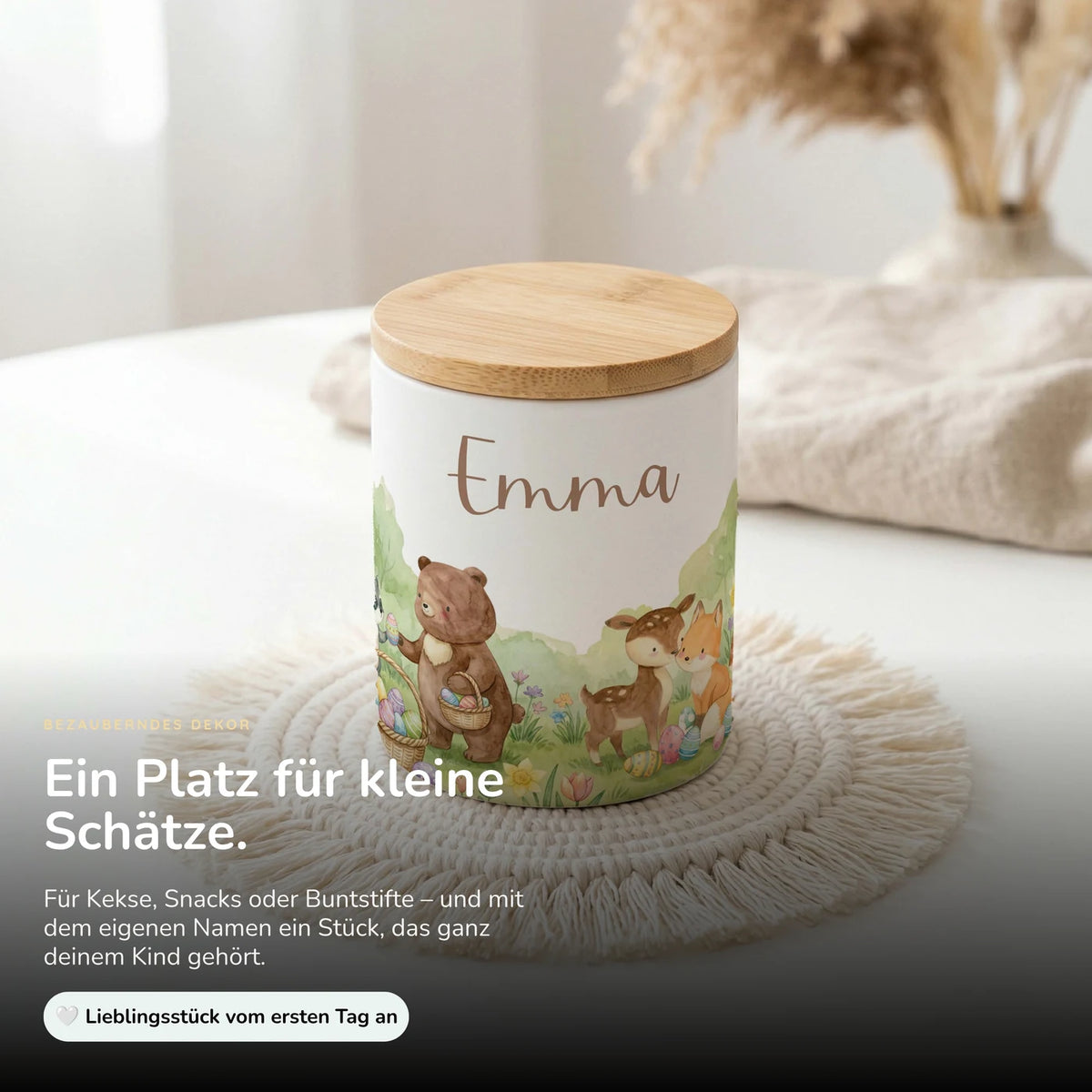 Personalisierte Keksdose Ostern Bärenfamilie – Keramik & Bambus mit Wunschname