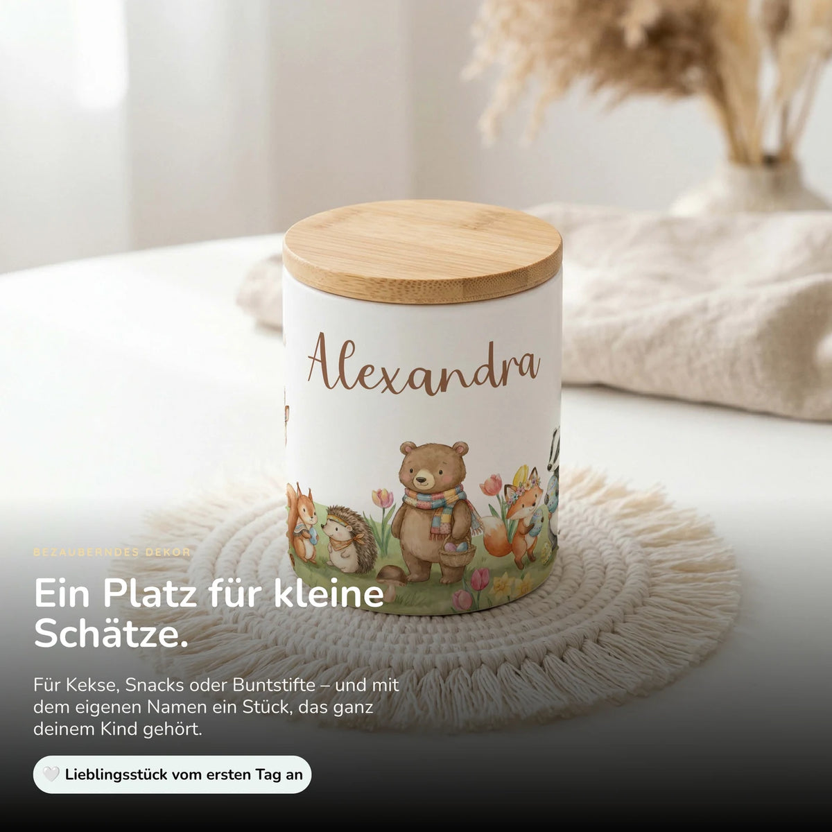 Personalisierte Keksdose Herbst-Waldtiere – Keramik & Bambus mit Wunschname