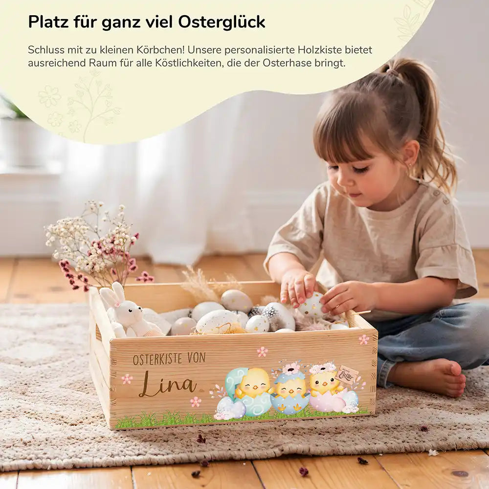Osterkiste Holz personalisiert - Kükenfamilie