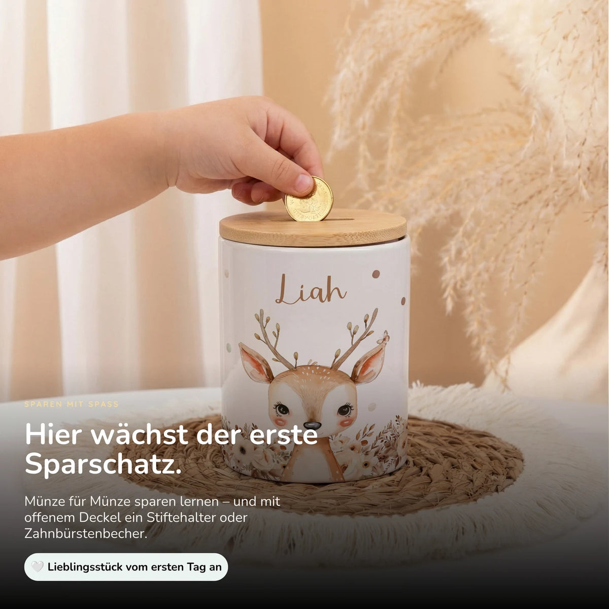 Personalisierte Spardose Rehkitz Zweige – Keramik & Bambus mit Wunschname