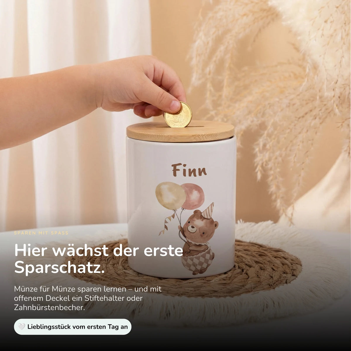 Personalisierte Spardose Bär Geburtstag – Keramik & Bambus mit Wunschname