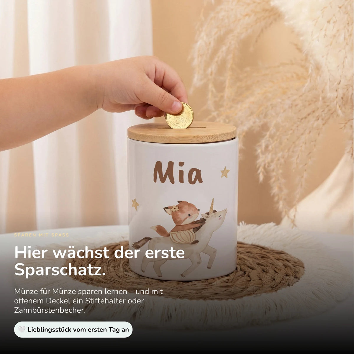 Personalisierte Spardose Fuchs & Einhorn – Keramik & Bambus mit Wunschname