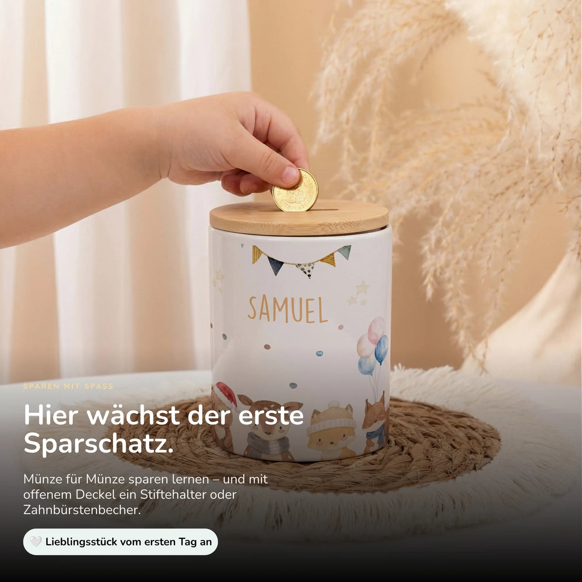 Personalisierte Spardose Waldtiere Geburtstag – Keramik & Bambus mit Wunschname