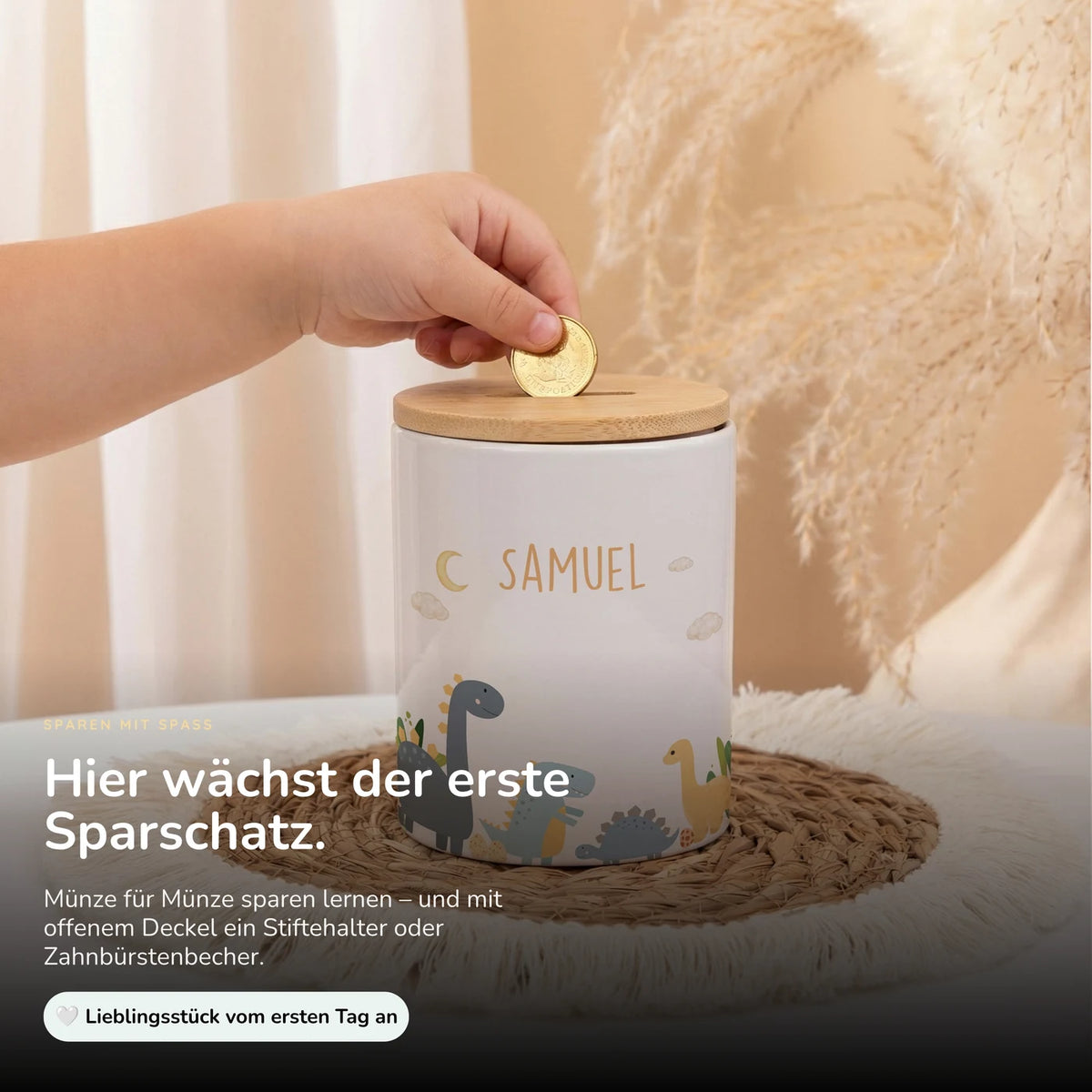 Personalisierte Spardose Dinosaurier Mond – Keramik & Bambus mit Wunschname