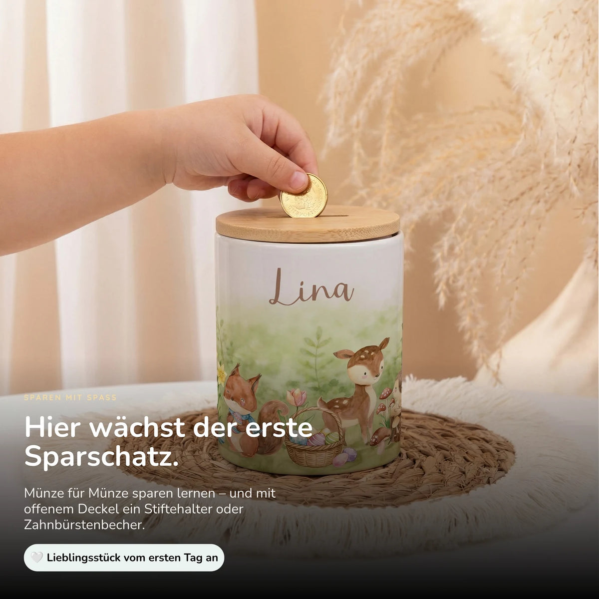 Personalisierte Spardose Ostern Reh & Fuchs – Keramik & Bambus mit Wunschname