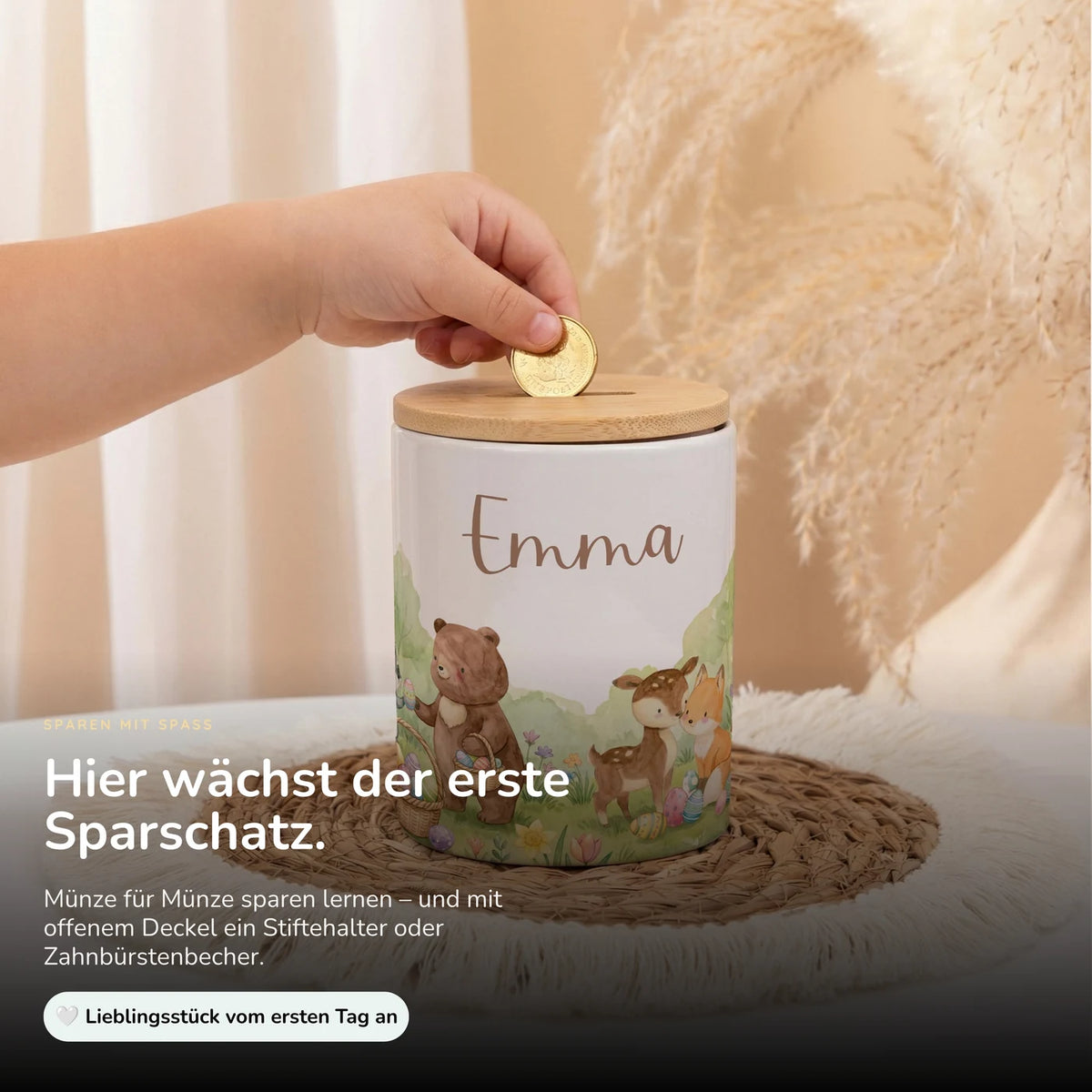 Personalisierte Spardose Ostern Bärenfamilie – Keramik & Bambus mit Wunschname