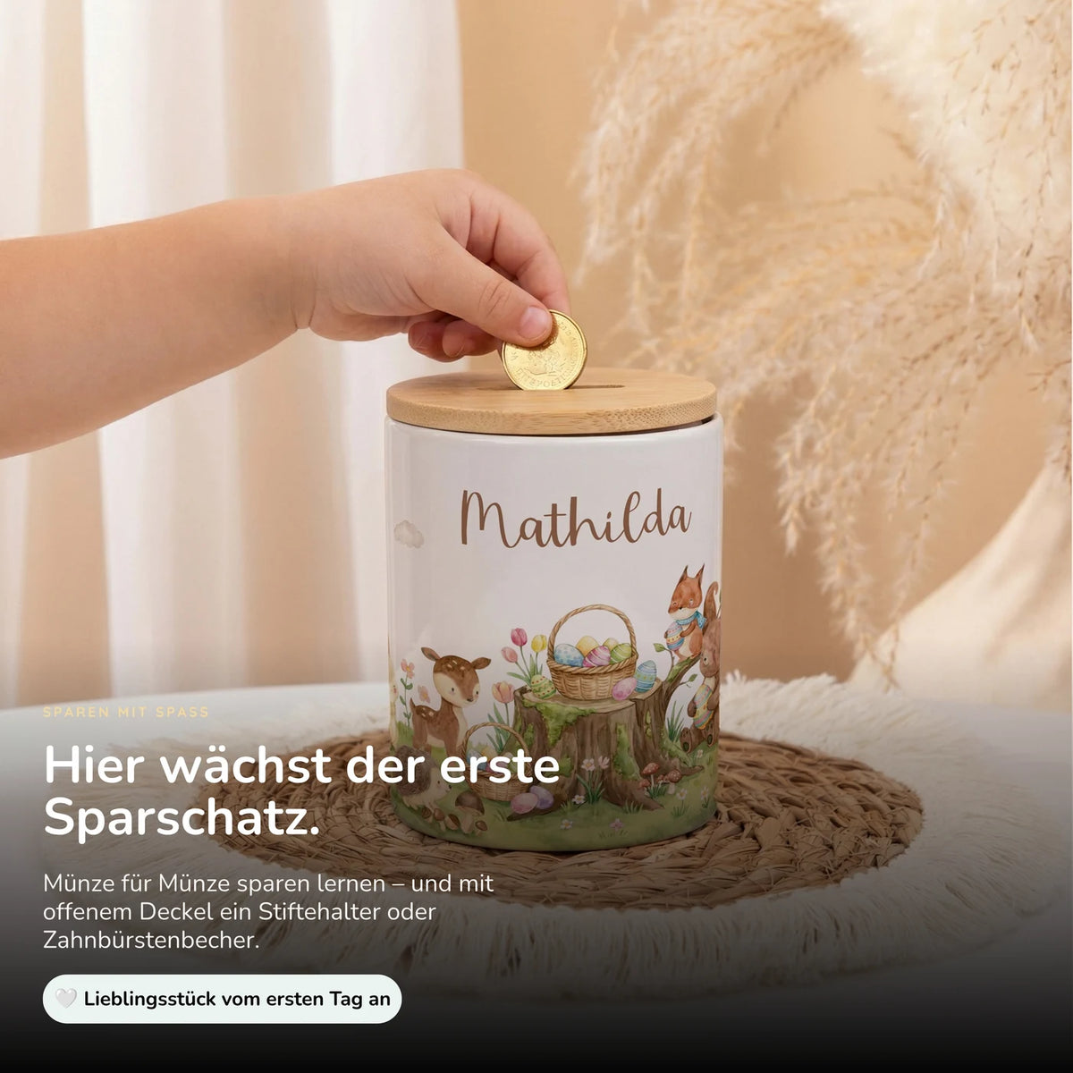 Personalisierte Spardose Ostern Rehkitz – Keramik & Bambus mit Wunschname