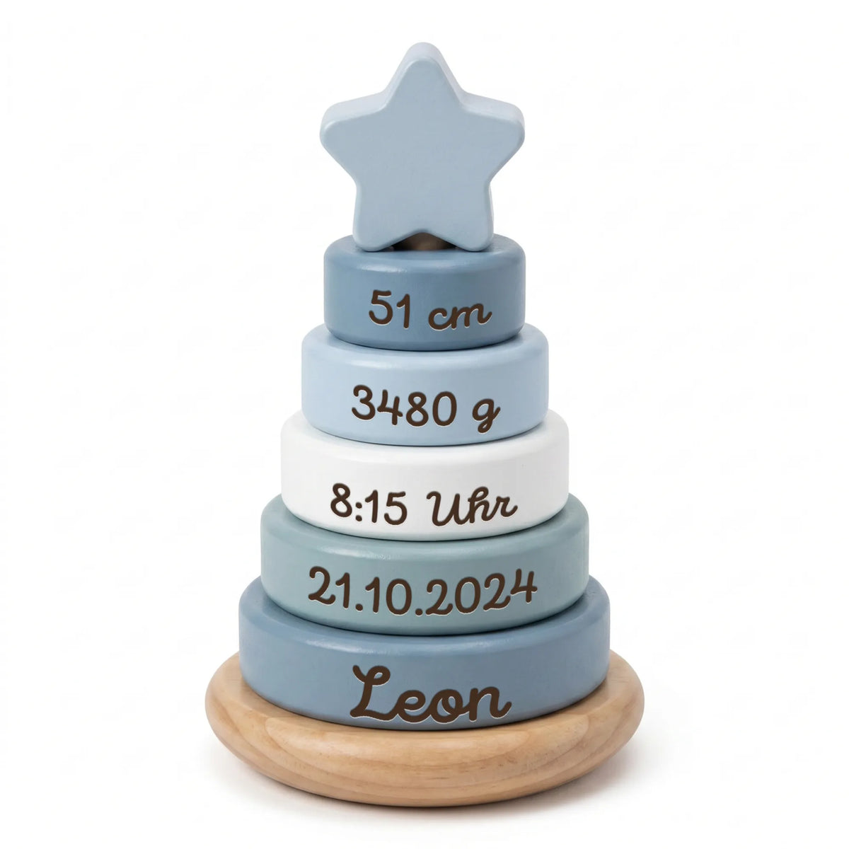 Stapelturm personalisiert in Blau mit Stern und Gravur