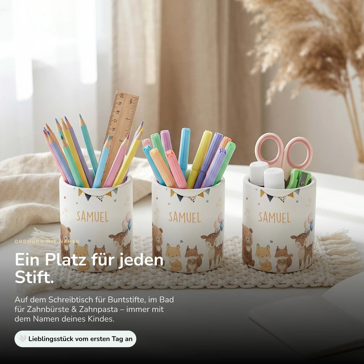 Personalisierter Stiftehalter Waldtiere Party – Keramik mit Wunschname