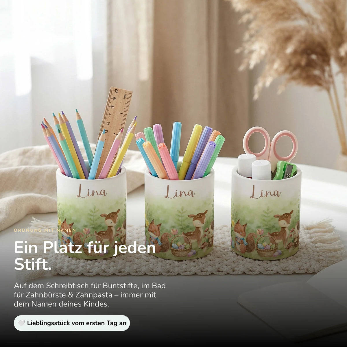 Personalisierter Stiftehalter Ostern Reh & Fuchs – Keramik mit Wunschname