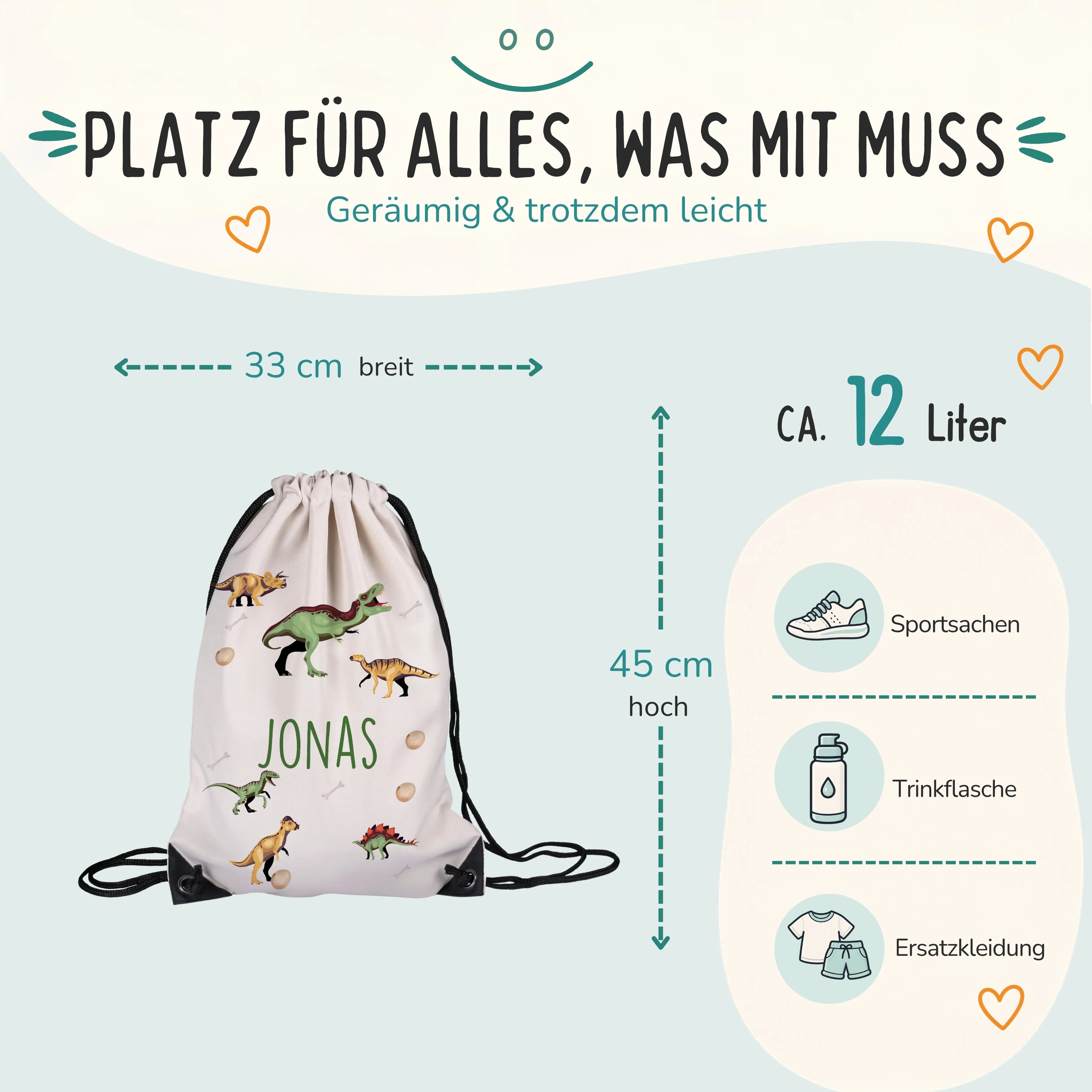Personalisierter Turnbeutel Dinos, Größe 33 x 45 cm mit ca. 12 Liter Fassungsvermögen