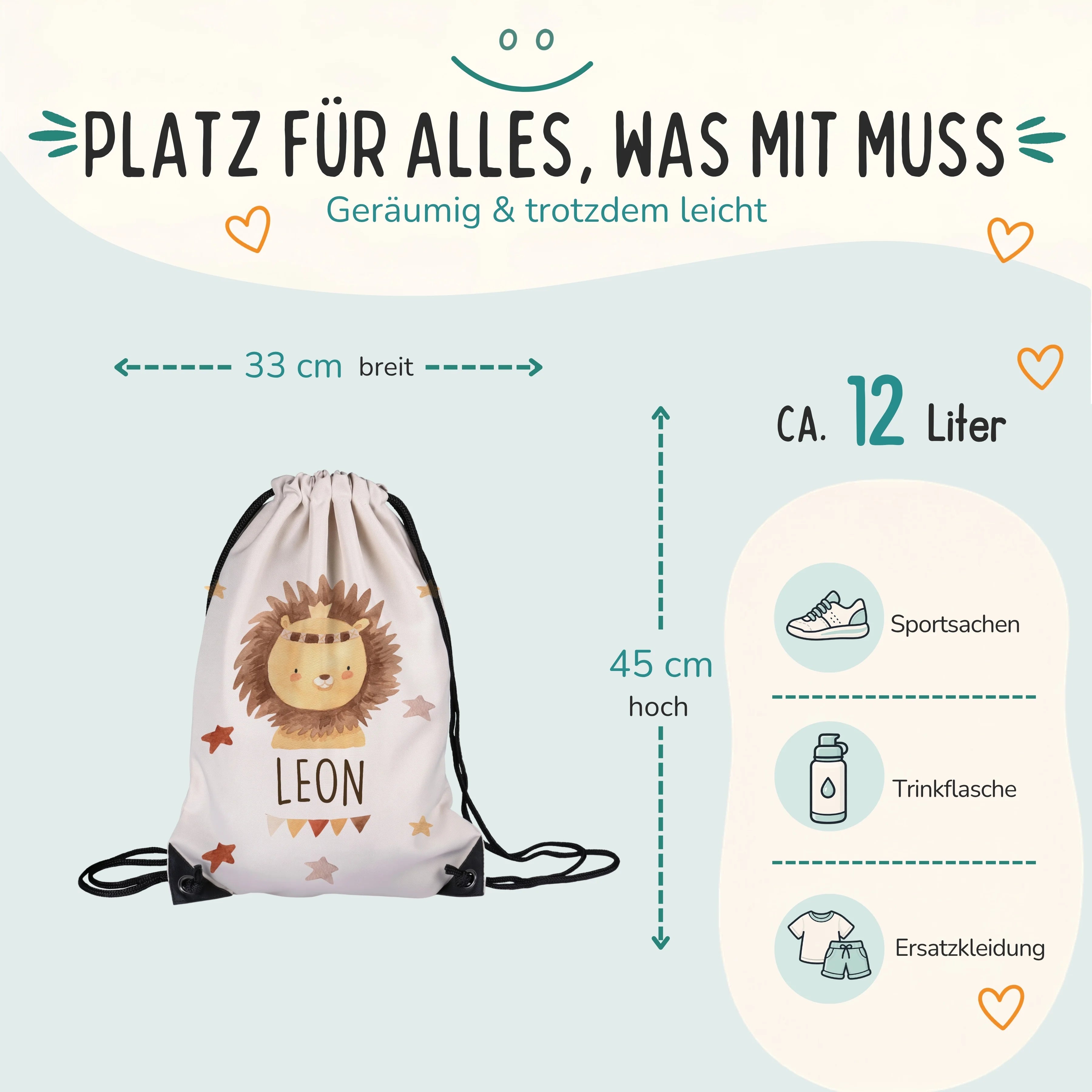 Personalisierter Turnbeutel Löwe mit Kranz, Größe 33 x 45 cm mit ca. 12 Liter Fassungsvermögen