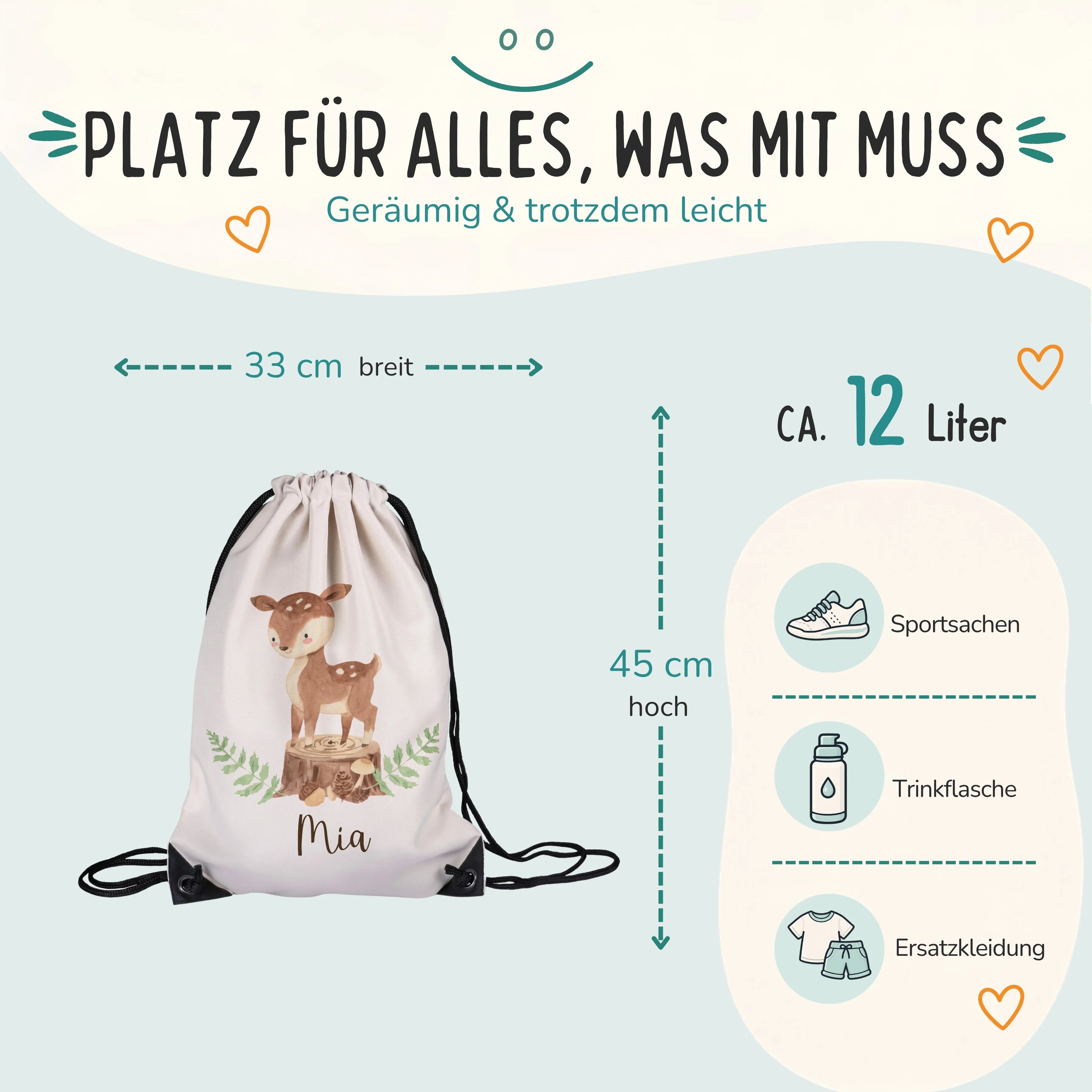 Personalisierter Turnbeutel Reh Waldtiere, Größe 33 x 45 cm mit ca. 12 Liter Fassungsvermögen