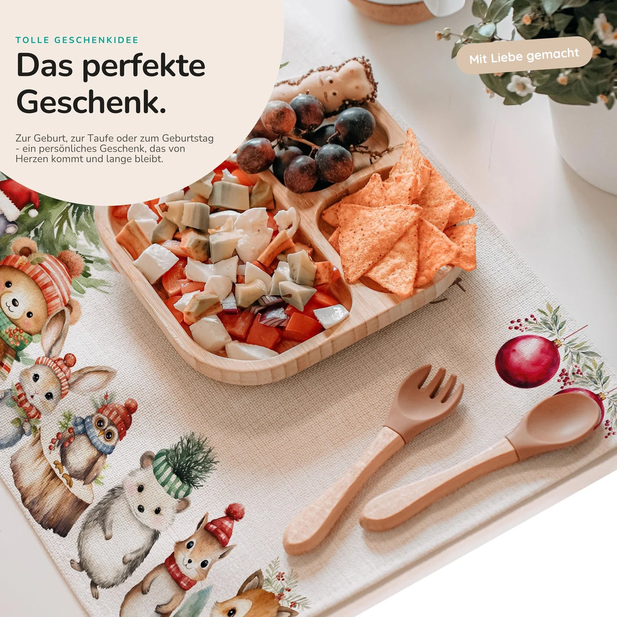 Tischset Kinder personalisiert Weihnachtsmotiv - Tierchen im Zauberwald