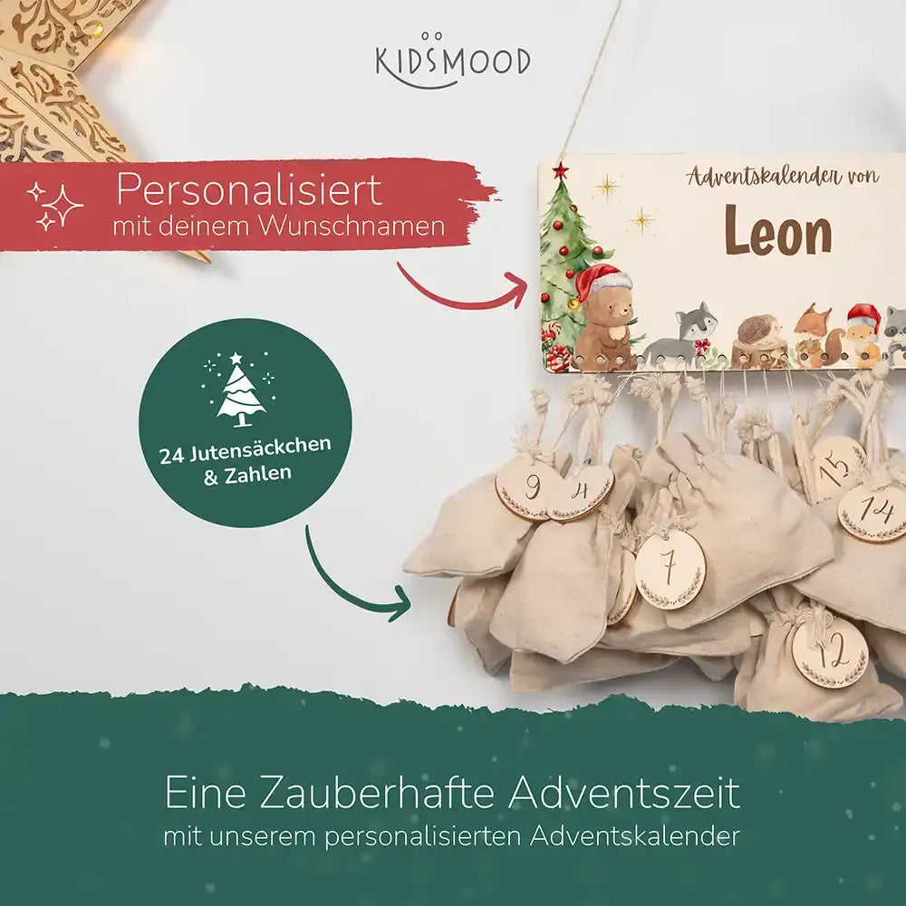 Personalisierbarer Adventskalender farbig - Niedliche Waldtiere Weihnachtsmütze