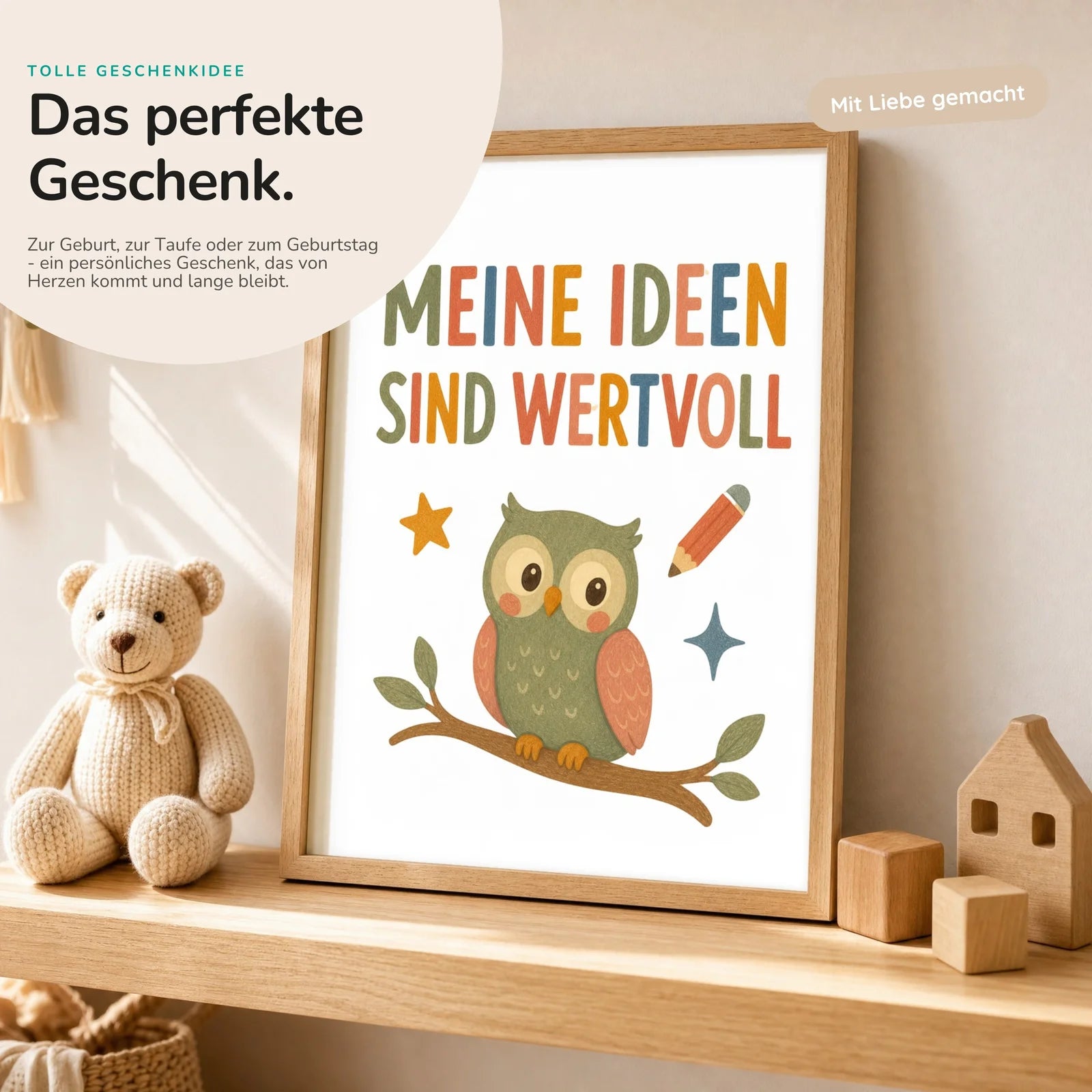 Affirmationsposter Kinderzimmer Eule Meine Ideen sind wertvoll, mit optionalem Holzrahmen