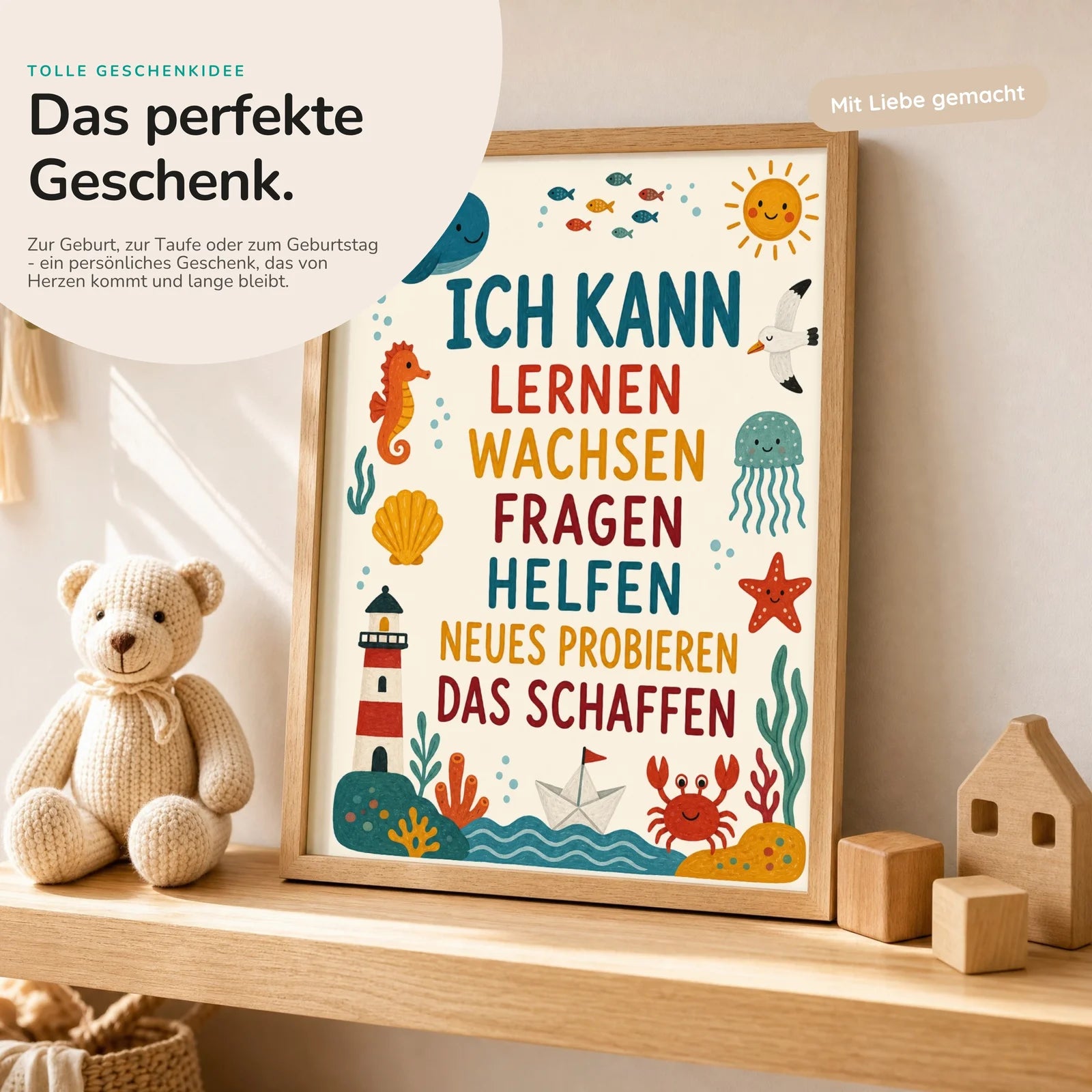 Affirmationsposter Kinderzimmer Meer Ich kann lernen, mit optionalem Holzrahmen