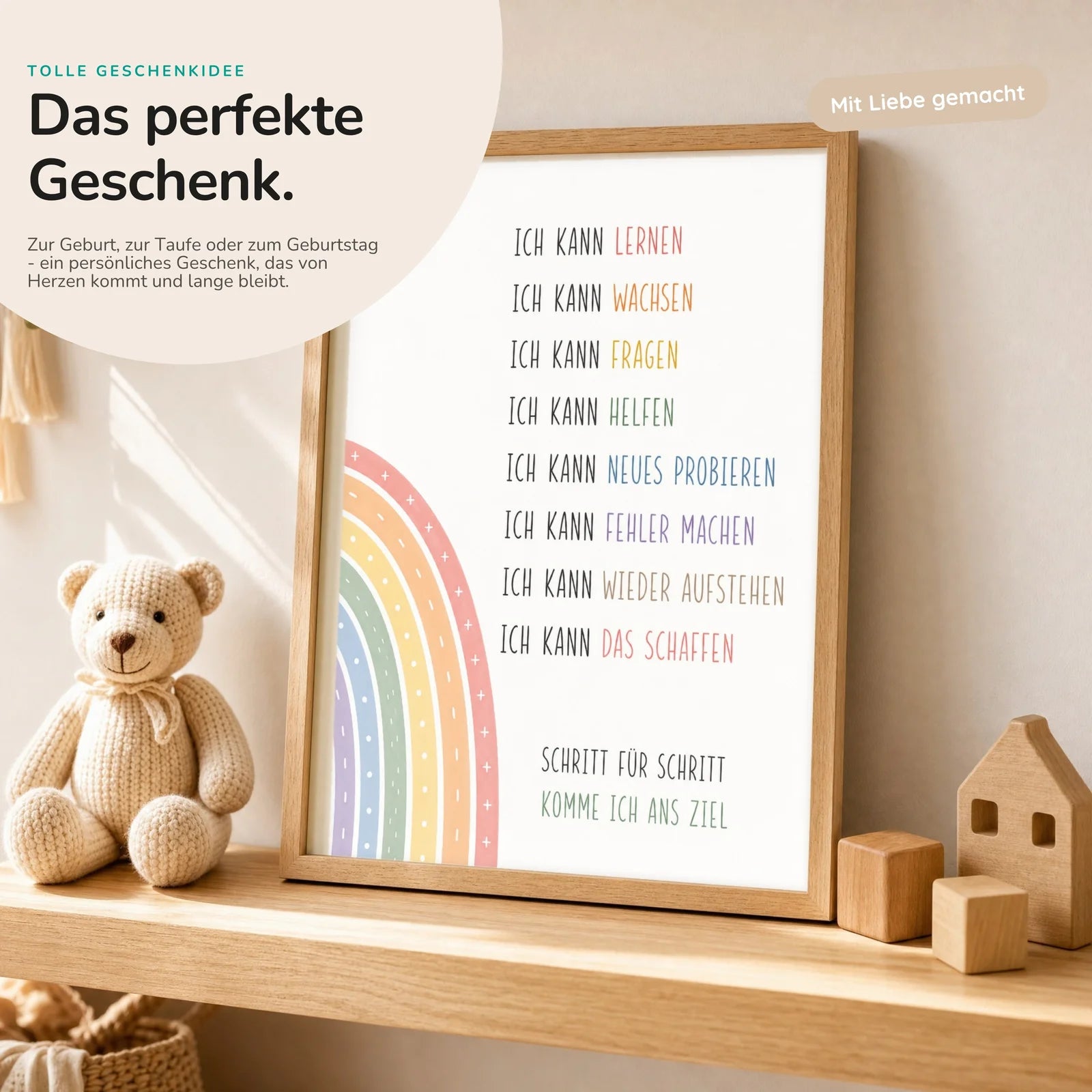 Affirmationsposter Kinderzimmer Minimal Ich kann, mit optionalem Holzrahmen