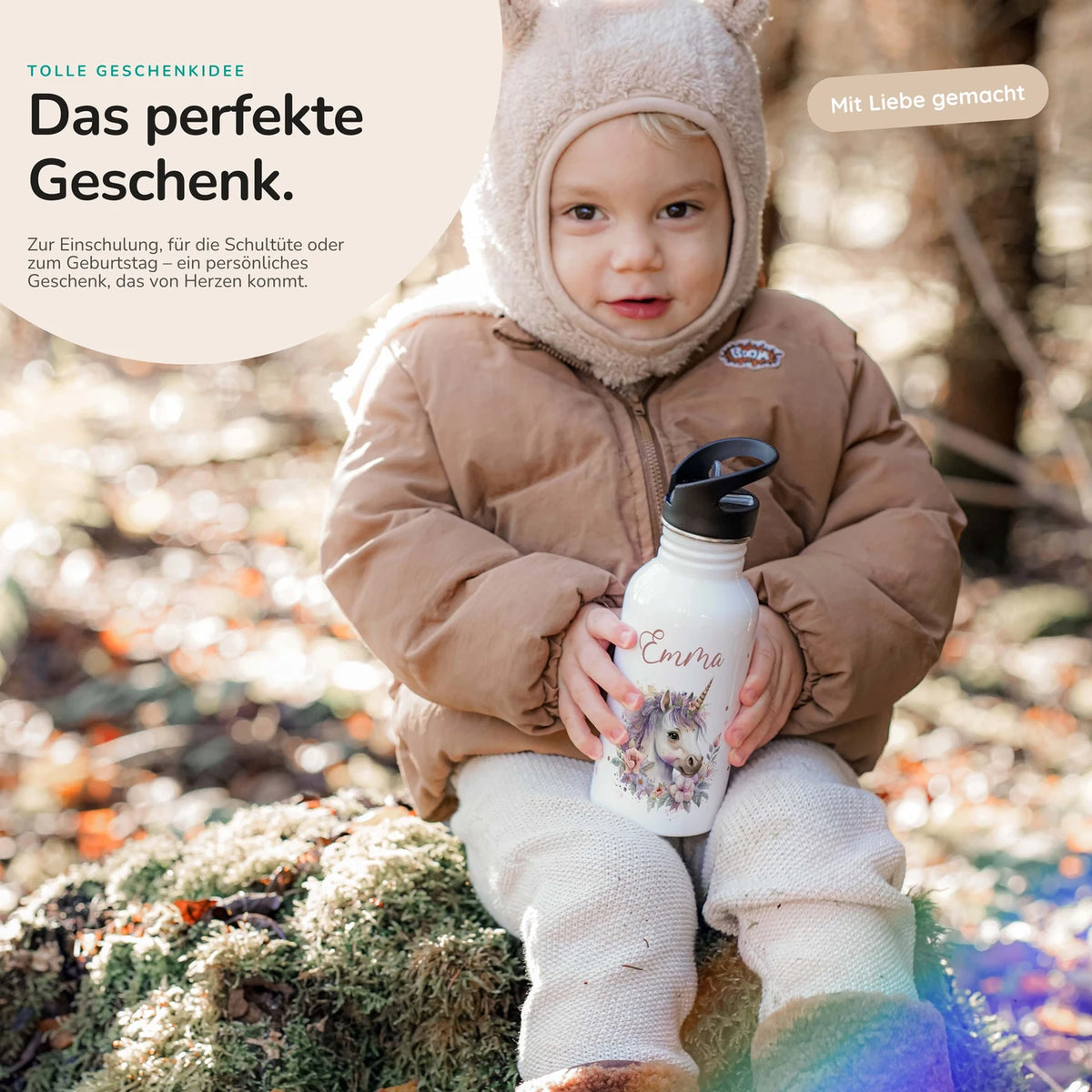 Trinkflasche Kinder Edelstahl - Einhorn mit Blüten