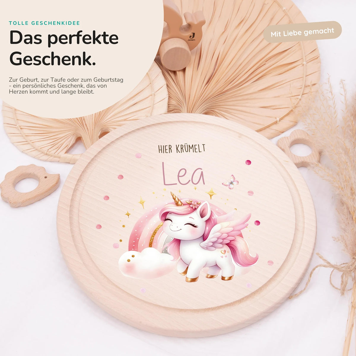 Rundes personalisiertes Frühstücksbrettchen Einhorn mit Namen für Kinder