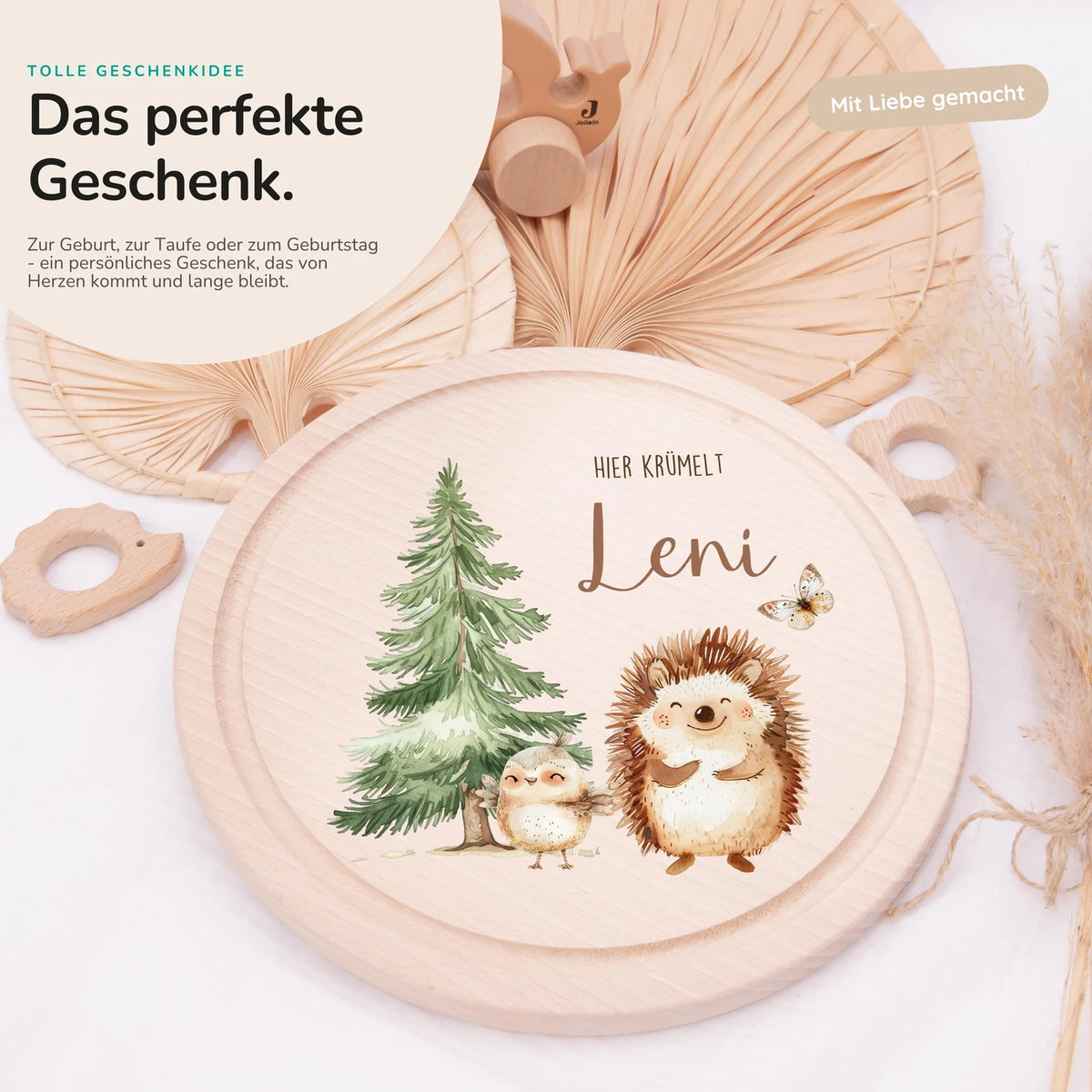 Rundes personalisiertes Frühstücksbrettchen Igel mit Namen für Kinder