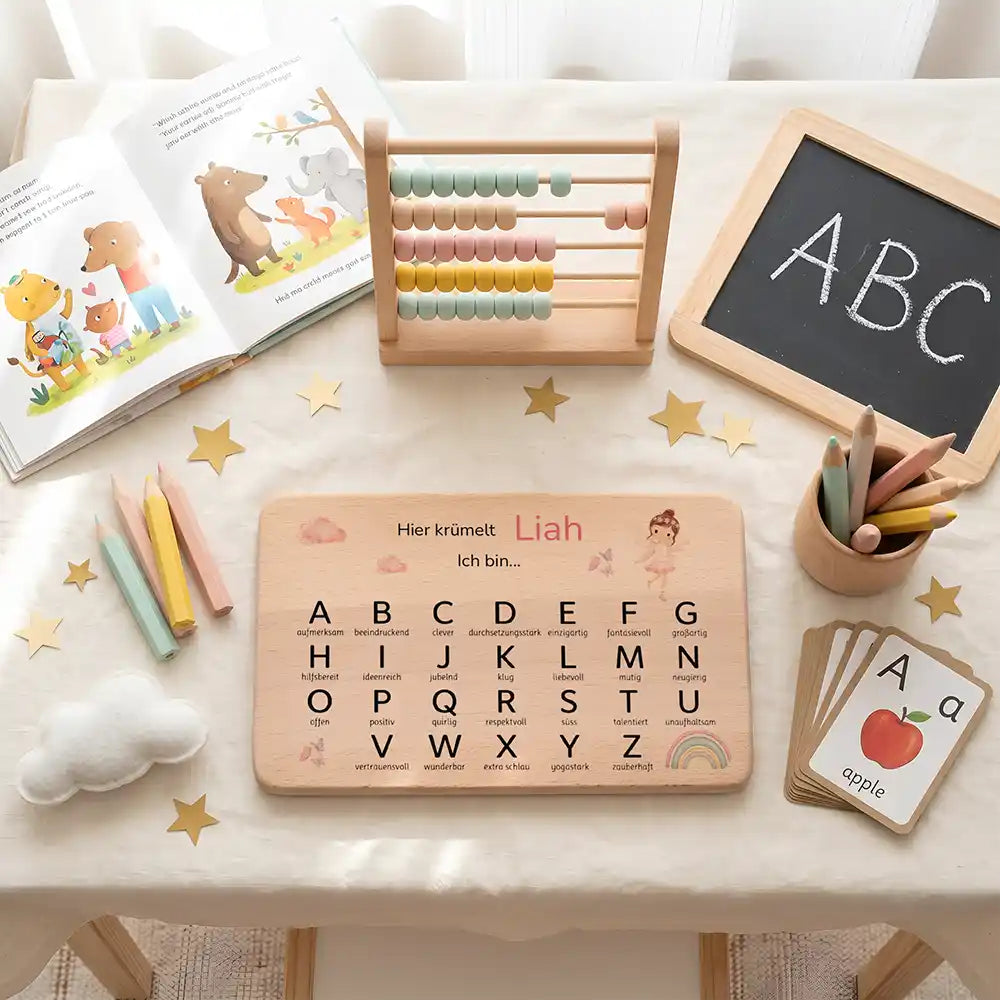 ABC Brettchen Kinder personalisiert Ballerina Regenbogen – ABC-Lernen am Schreibtisch