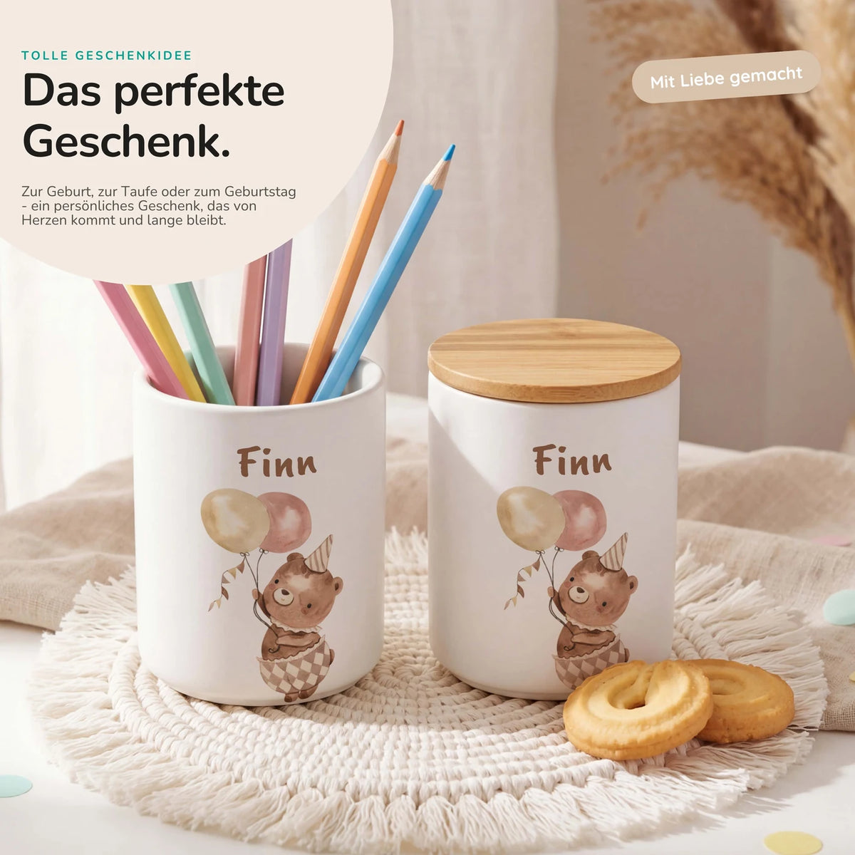 Personalisierte Keksdose Bär Geburtstag – Keramik & Bambus mit Wunschname