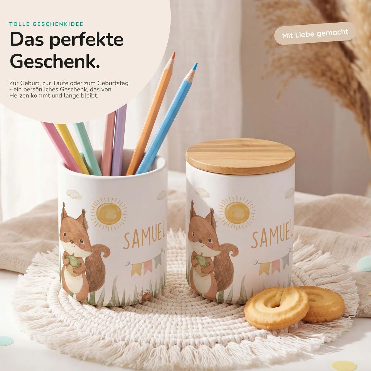 Personalisierte Keksdose Eichhörnchen Sommer – Keramik & Bambus mit Wunschname