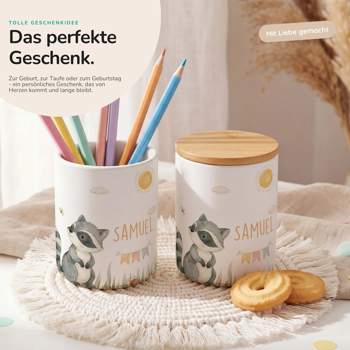 Personalisierte Keksdose Waschbär Sommer – Keramik & Bambus mit Wunschname