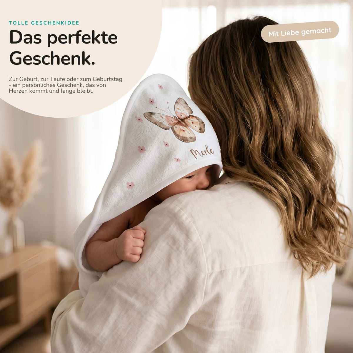 Personalisiertes Kapuzenhandtuch Baby – Schmetterling Boho