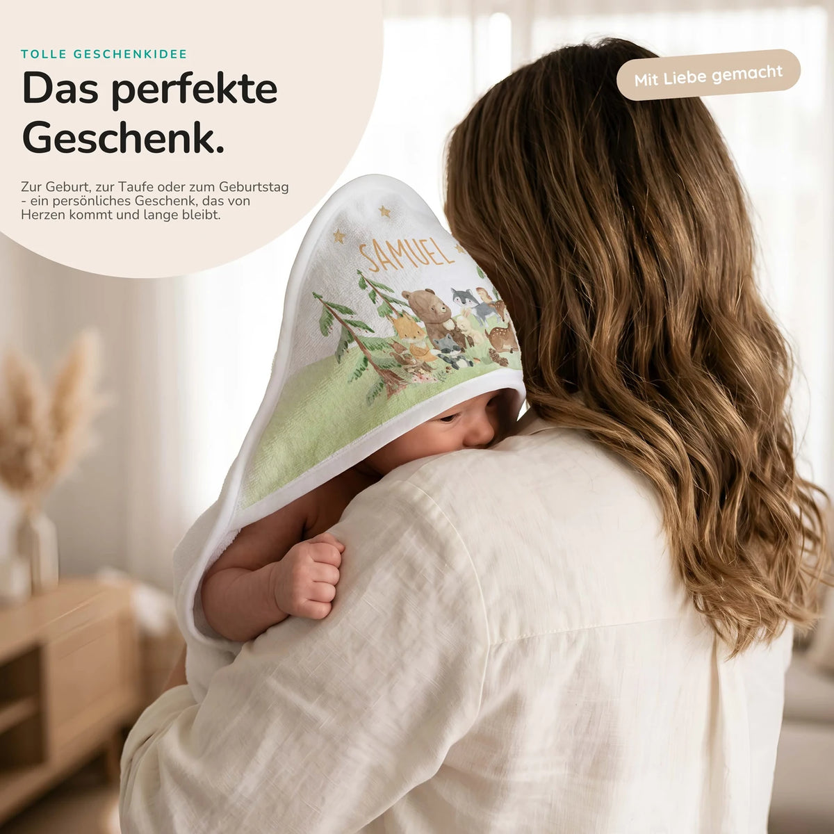 Personalisiertes Kapuzenhandtuch Baby – Waldwiese Tiere