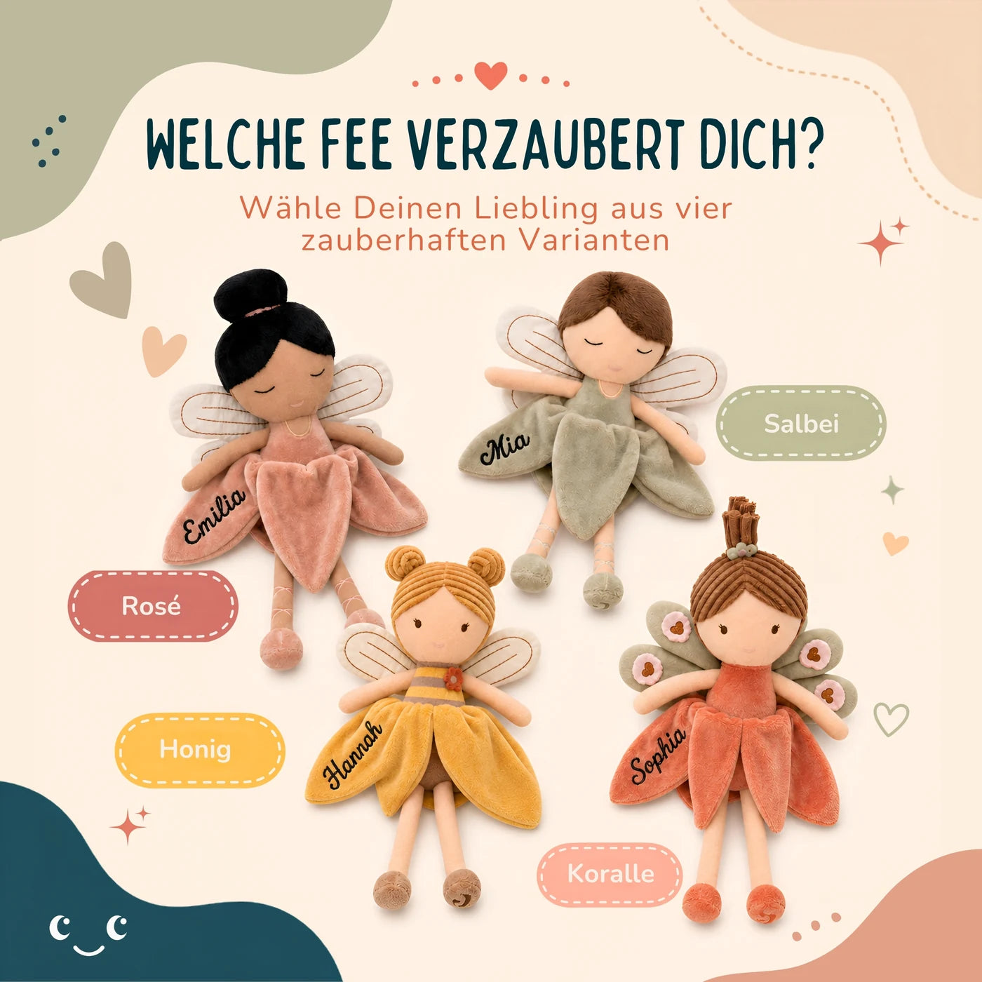 Jollein Stoffpuppe Fee Koralle, alle vier Designs Honig, Koralle, Salbei und Rosé zur Auswahl