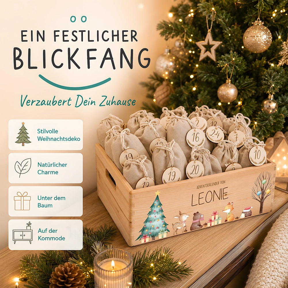 Adventskalender zum Befüllen "Waldtiere um den Weihnachtsbaum" personalisiert