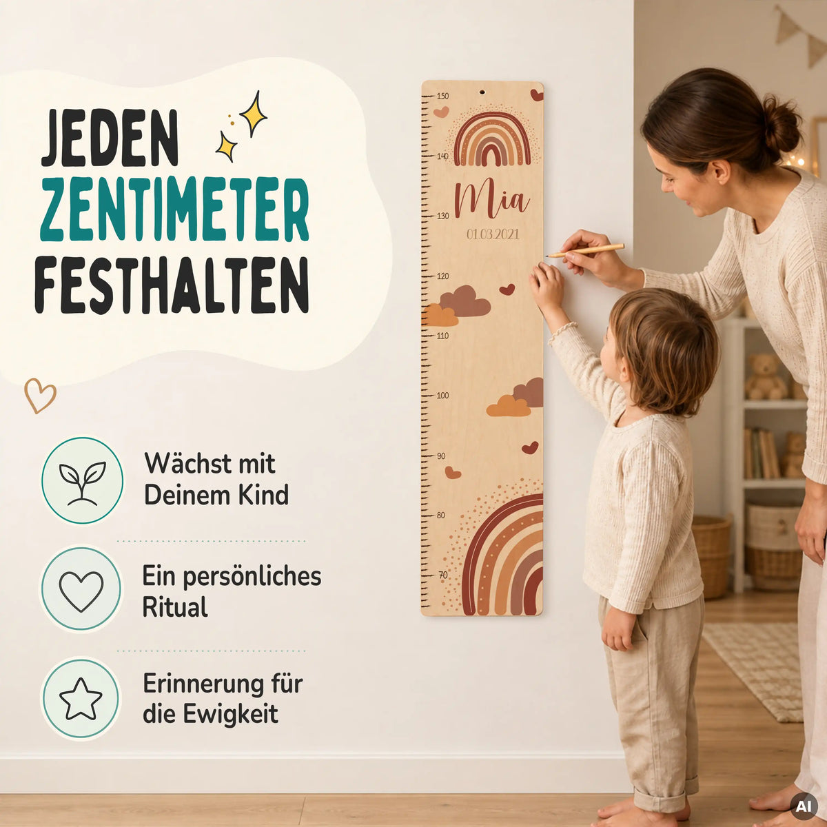 Messlatte Kinder Holz & Aluverbund - Regenbogen & Wolken